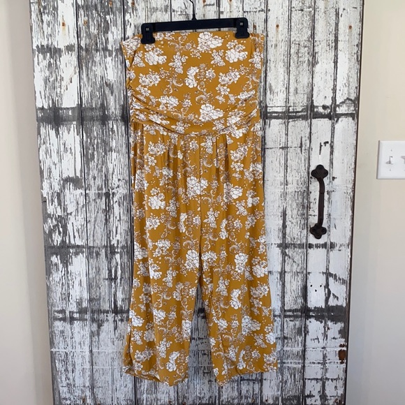 Stella Tweed Pants - Stella Tweed mustard floral wide leg strapless jumpsuit